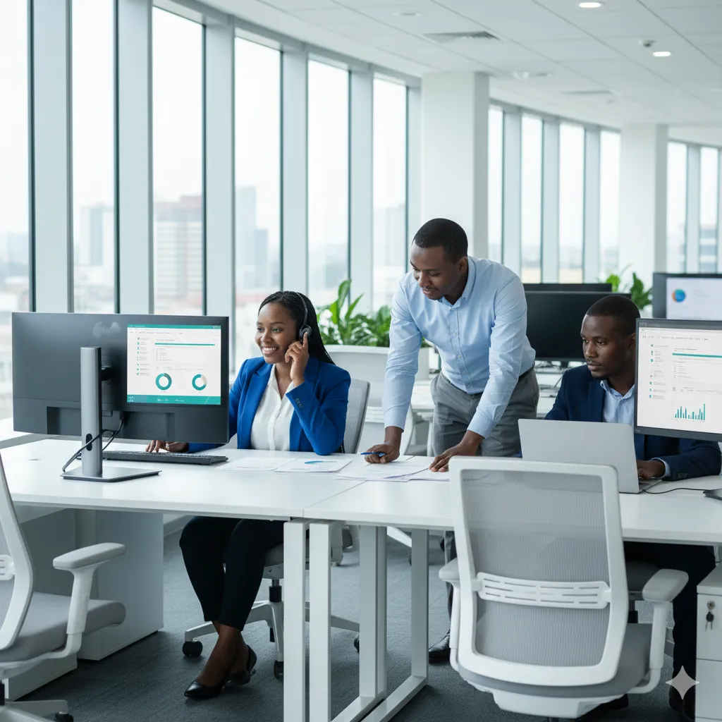Professional team members working in modern business center